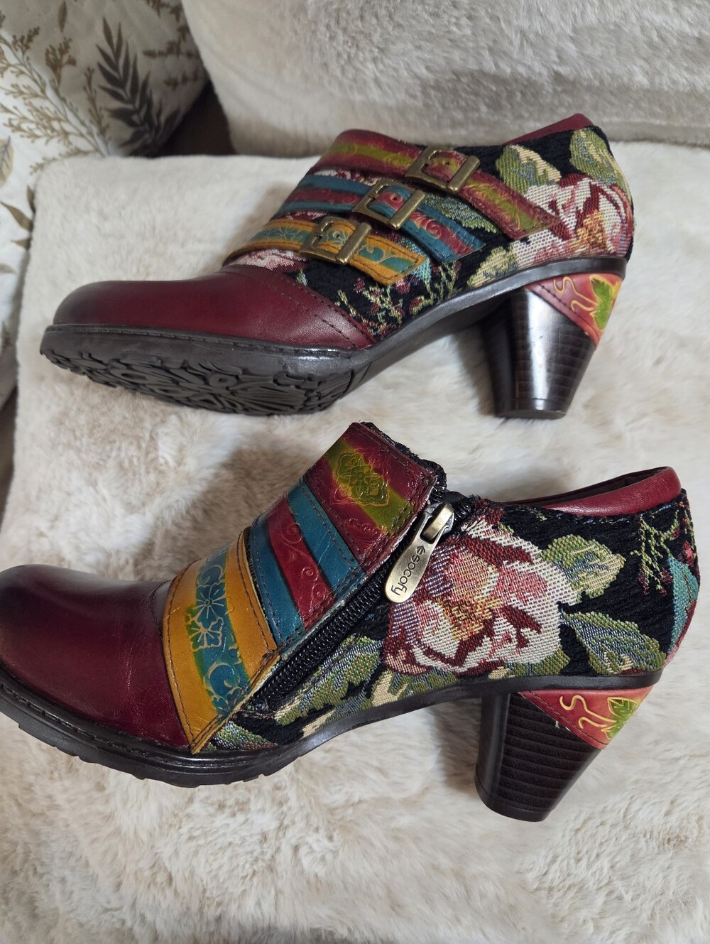 Socofy Multicolor Floral Strap Block Heel Shoes Burgundy Accent. Sz 39 Or 81/2 - Picture 10 of 13